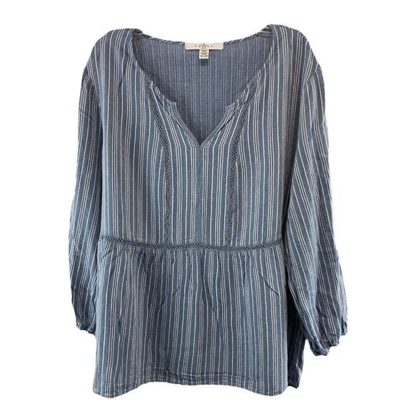 Fever Women's XL Blouse Boho V Neck Tunic Top Blue White Stripe Pullover Flowy - Picture 1 of 9